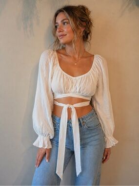 Boho Tie Front Crop White Blouse Anthropologie Free People Style Puff Sleeve Top